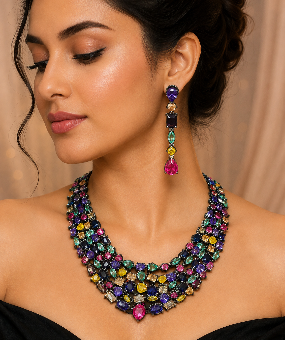 Luxury Multicolor Crystal Statement Necklace Set – Black Rhodium Finish