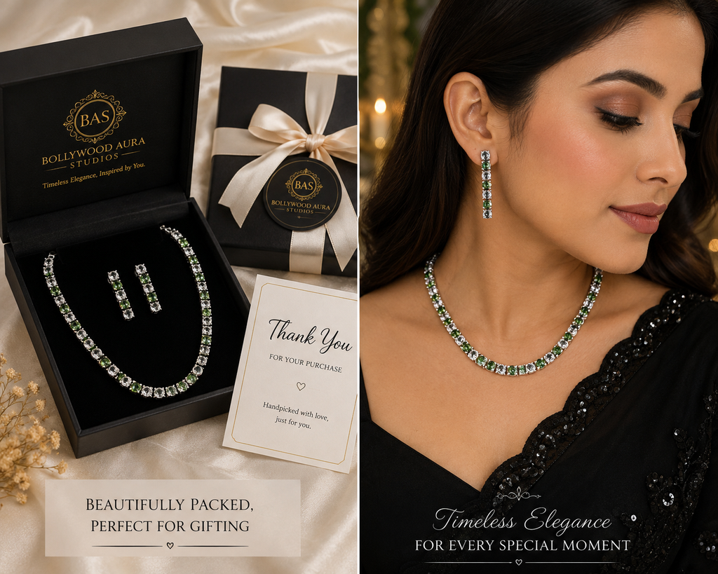 Silver-Plated Apple Green Crystal Tennis Necklace & Drop Earrings Set
