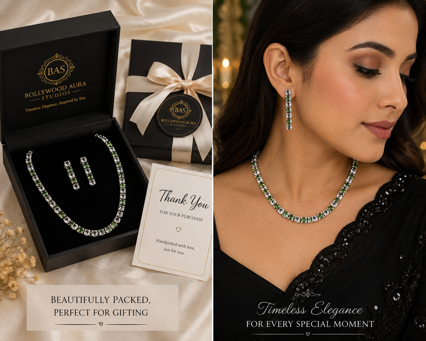 Silver-Plated Apple Green Crystal Tennis Necklace & Drop Earrings Set