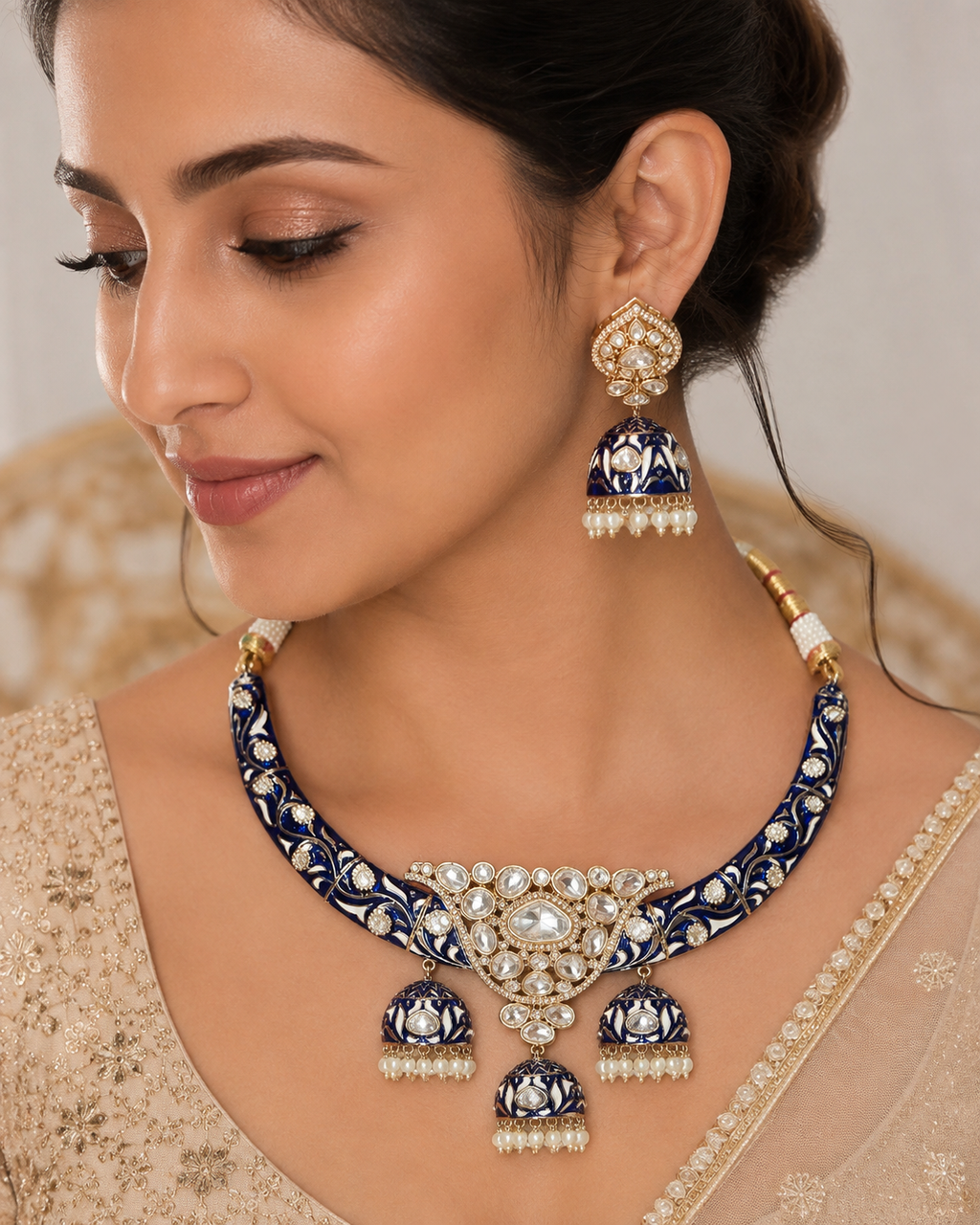 Royal Blue Meenakari Polki Kundan Choker Necklace Set with Matching Jhumka Earrings