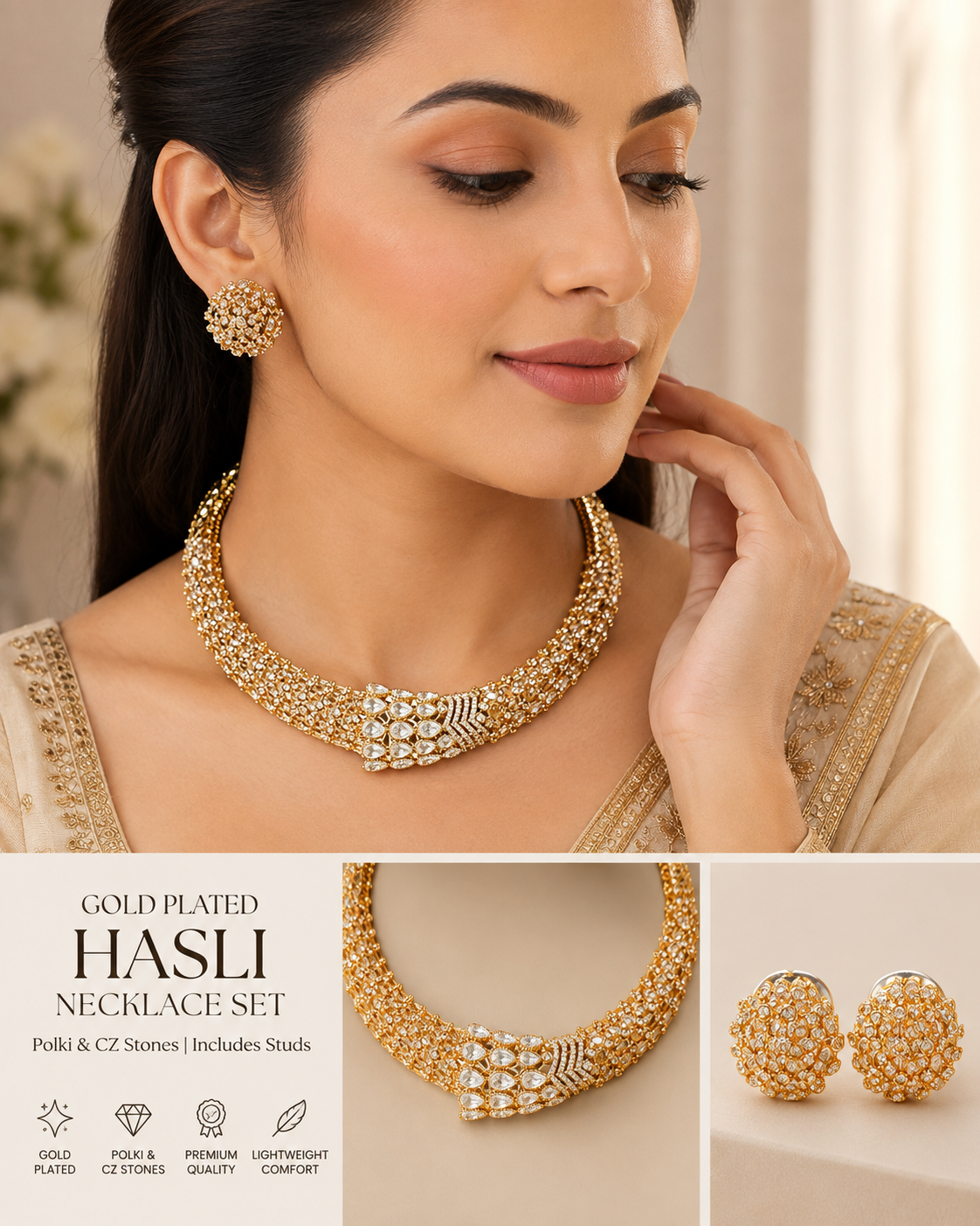 Luxury Gold-Plated Hasli Necklace Set with Polki & CZ Stones | Statement Bridal Choker with Stud Earrings
