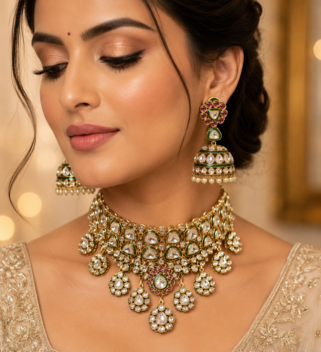 Uncut Polki Kundan Bridal Choker Set with Ruby Accents & Jhumka Earrings