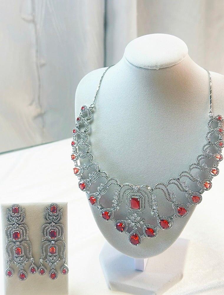 Ruby Red CZ Silver-Finish Necklace Set w/Matching Earrings