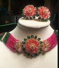 Pink & Green Floral Beaded Choker Necklace Set