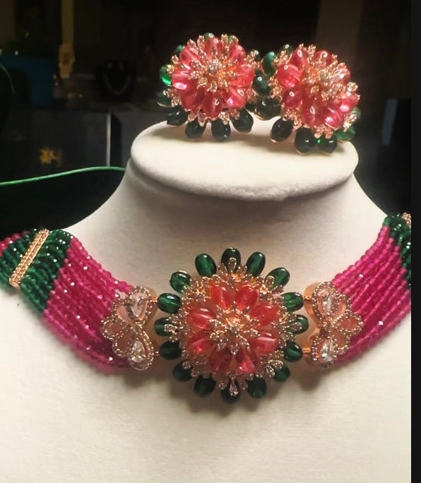 Pink & Green Floral Beaded Choker Necklace Set