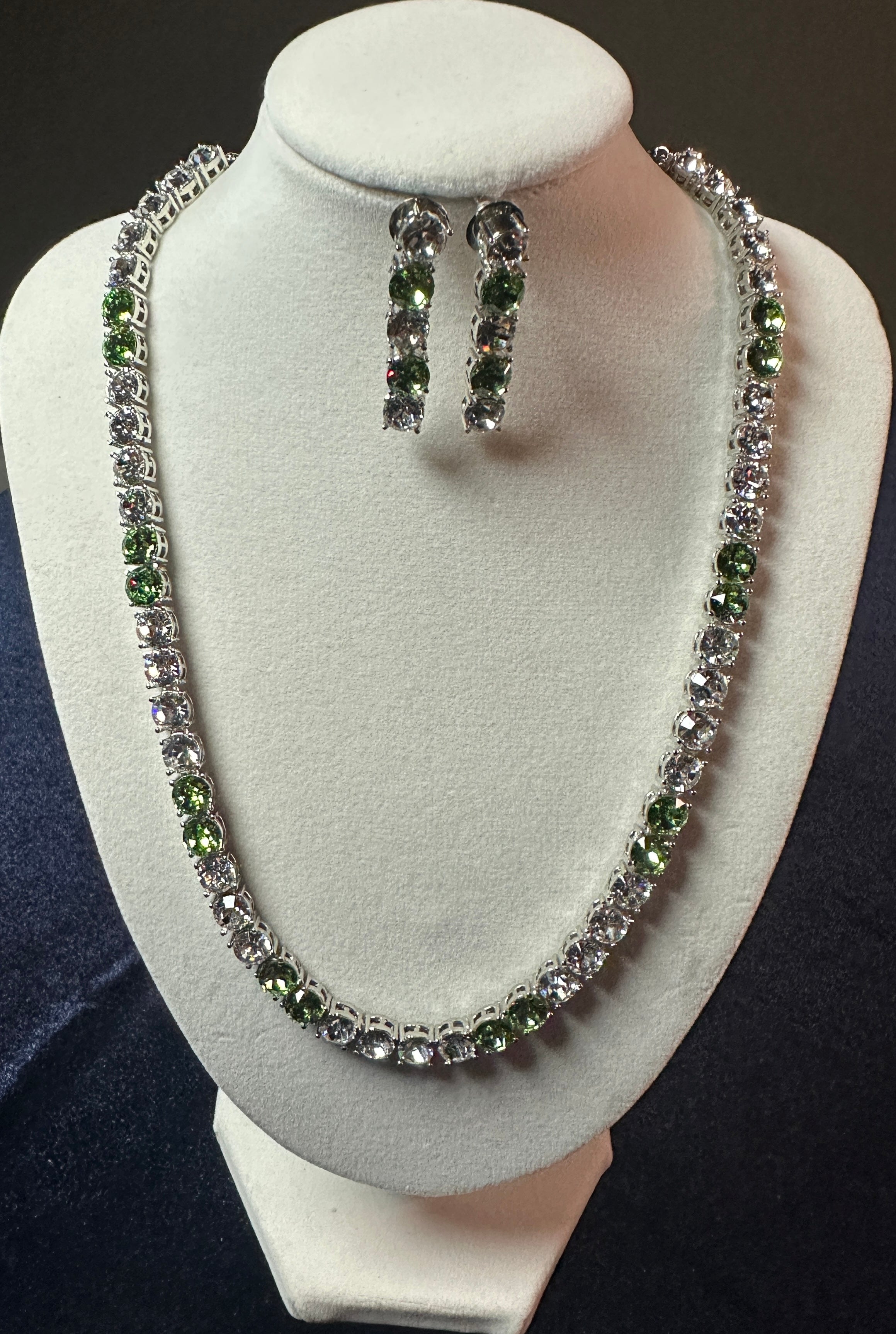 Silver-Plated Apple Green Crystal Tennis Necklace & Drop Earrings Set