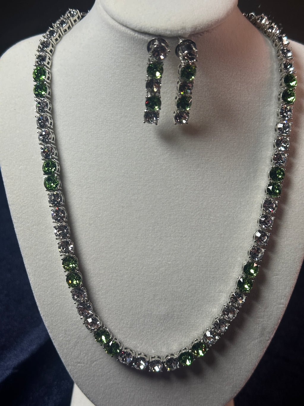 Silver-Plated Apple Green Crystal Tennis Necklace & Drop Earrings Set
