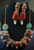 Multicolor Carved Stone & Polki Necklace Set