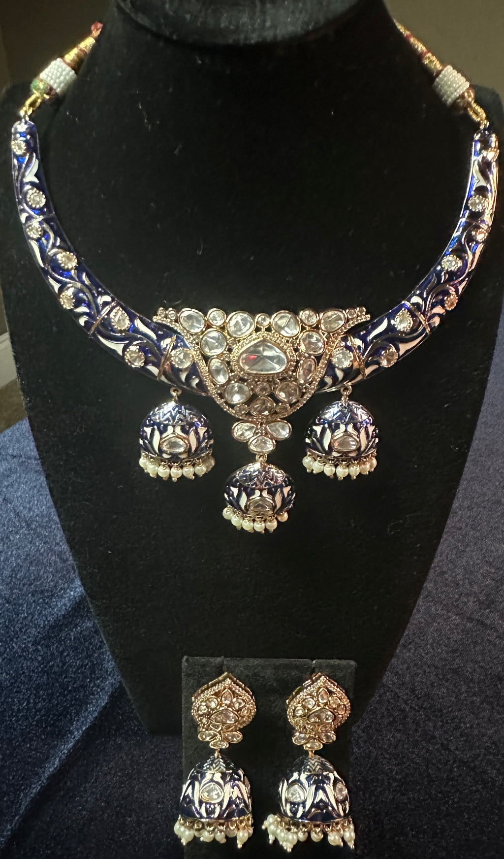 Royal Blue Meenakari Polki Kundan Choker Necklace Set with Matching Jhumka Earrings