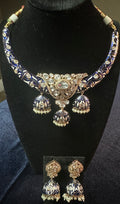 Royal Blue Meenakari Polki Kundan Choker Necklace Set with Matching Jhumka Earrings