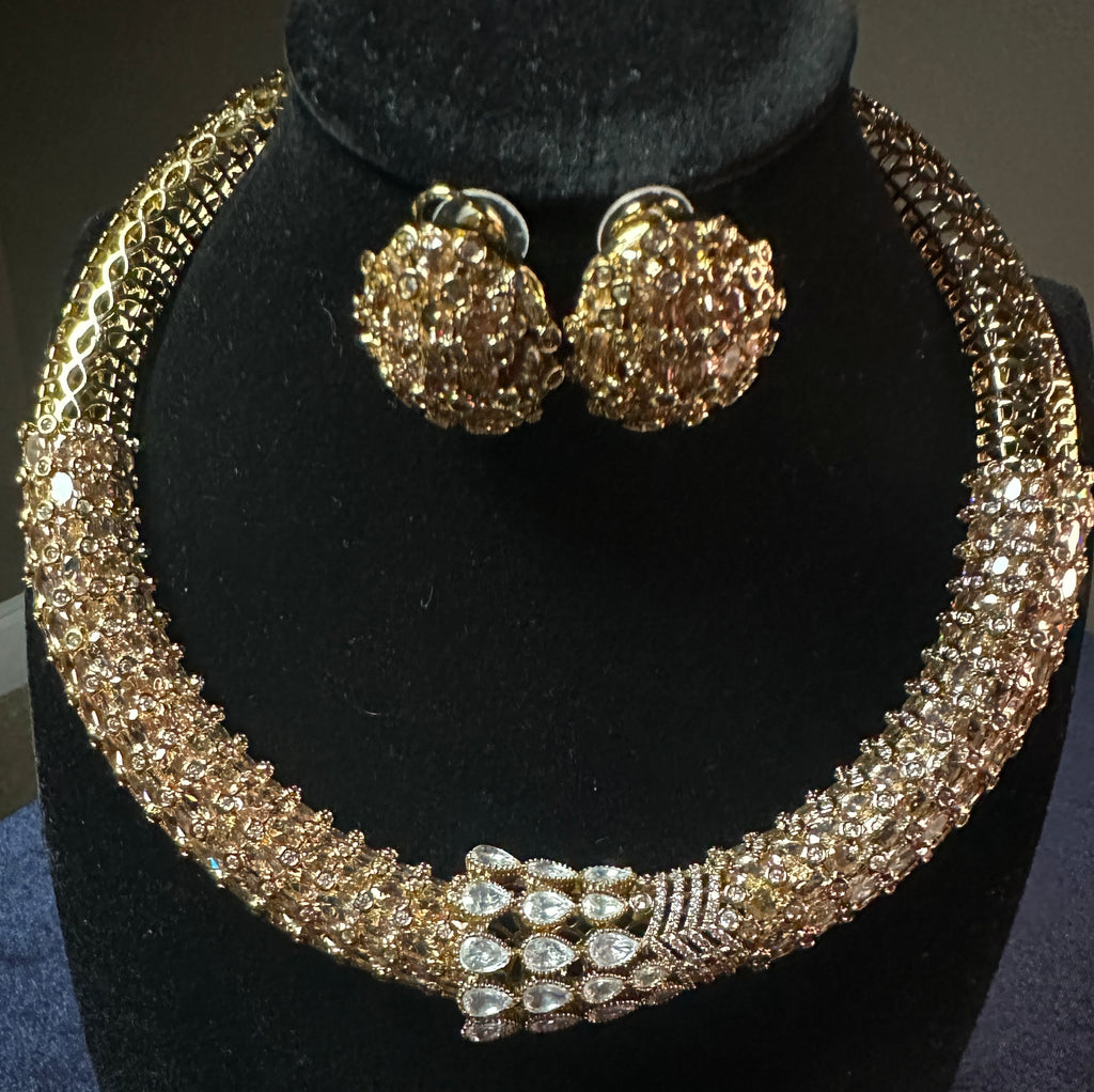 Luxury Gold-Plated Hasli Necklace Set with Polki & CZ Stones | Statement Bridal Choker with Stud Earrings
