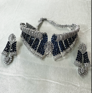 Royal Midnight Blue AD/CZ Choker Necklace Set w/ Matching Earrings