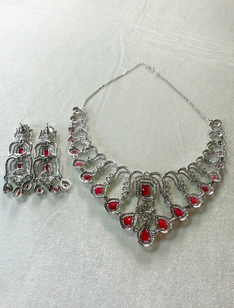 Ruby Red CZ Silver-Finish Necklace Set w/Matching Earrings