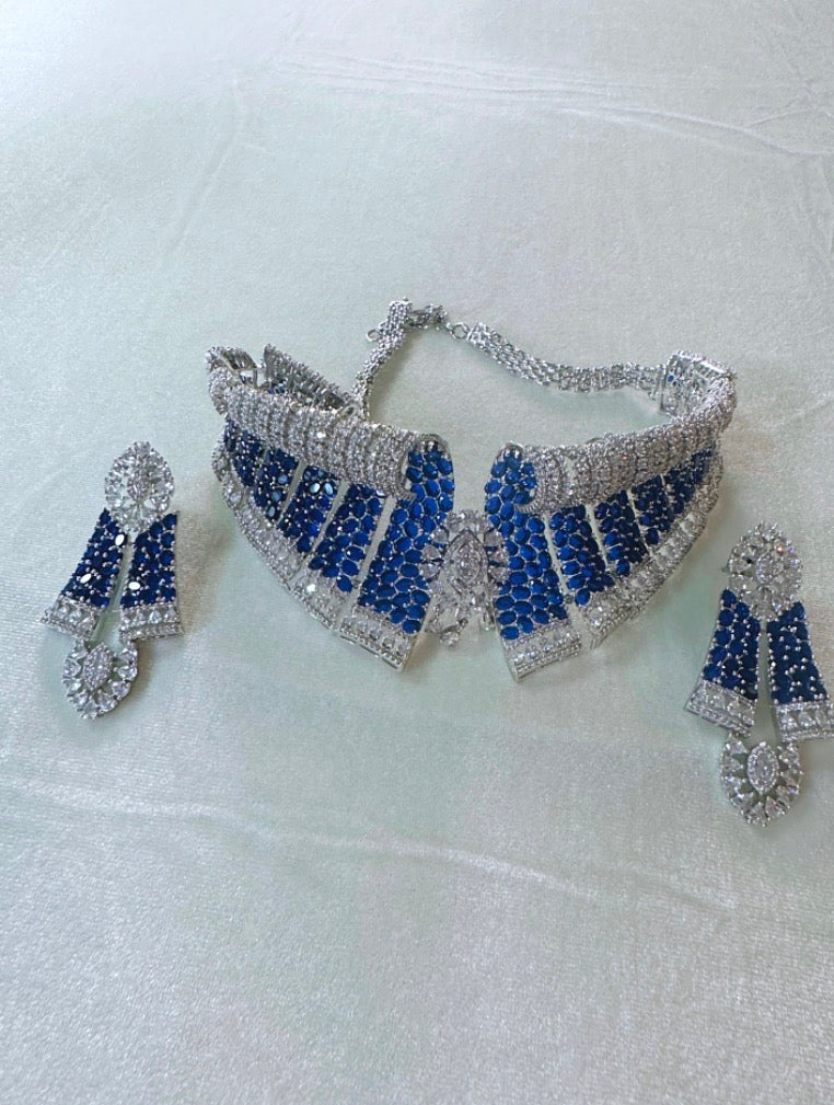Royal Midnight Blue AD/CZ Choker Necklace Set w/ Matching Earrings