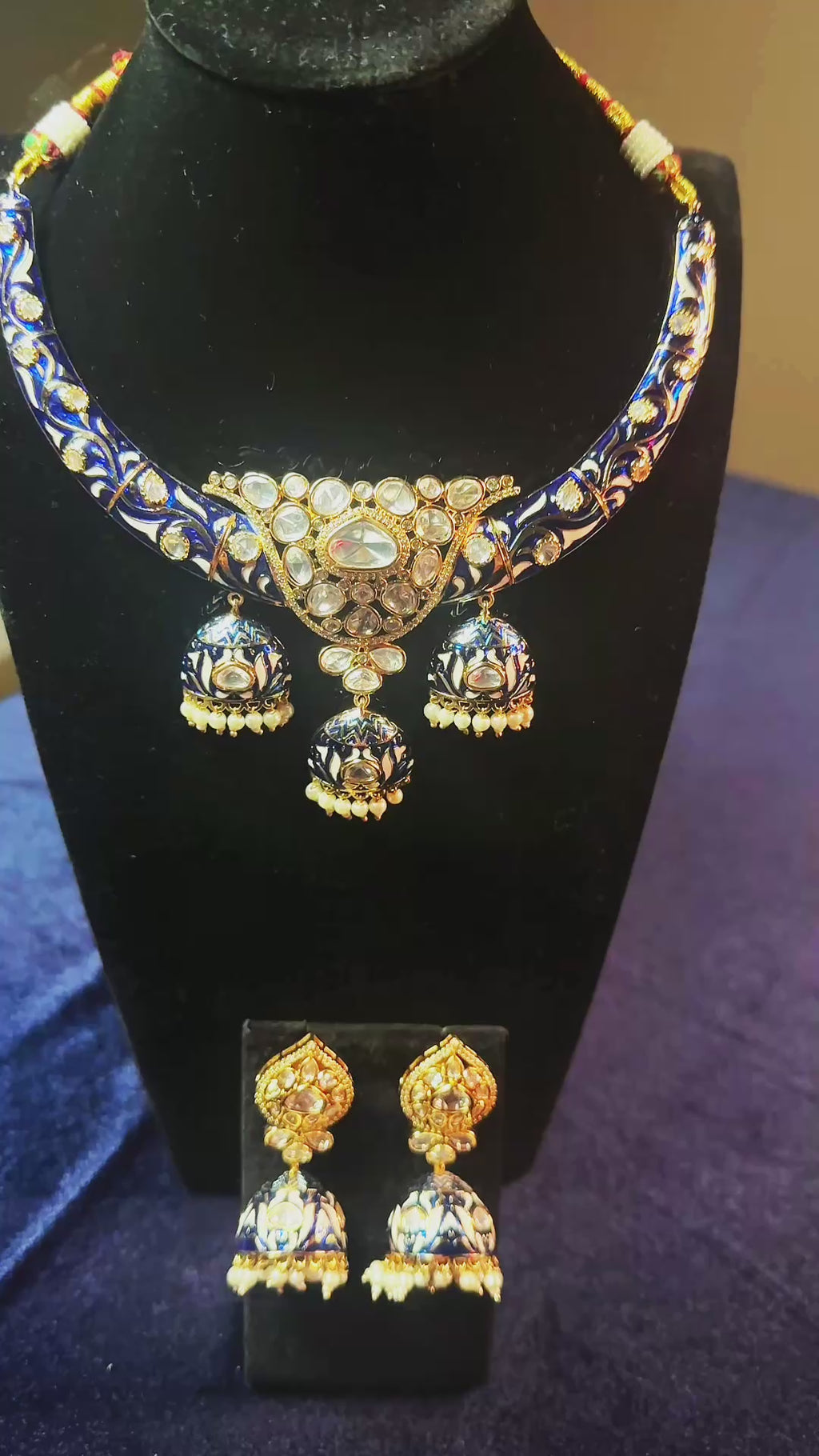 Royal Blue Meenakari Polki Kundan Choker Necklace Set with Matching Jhumka Earrings