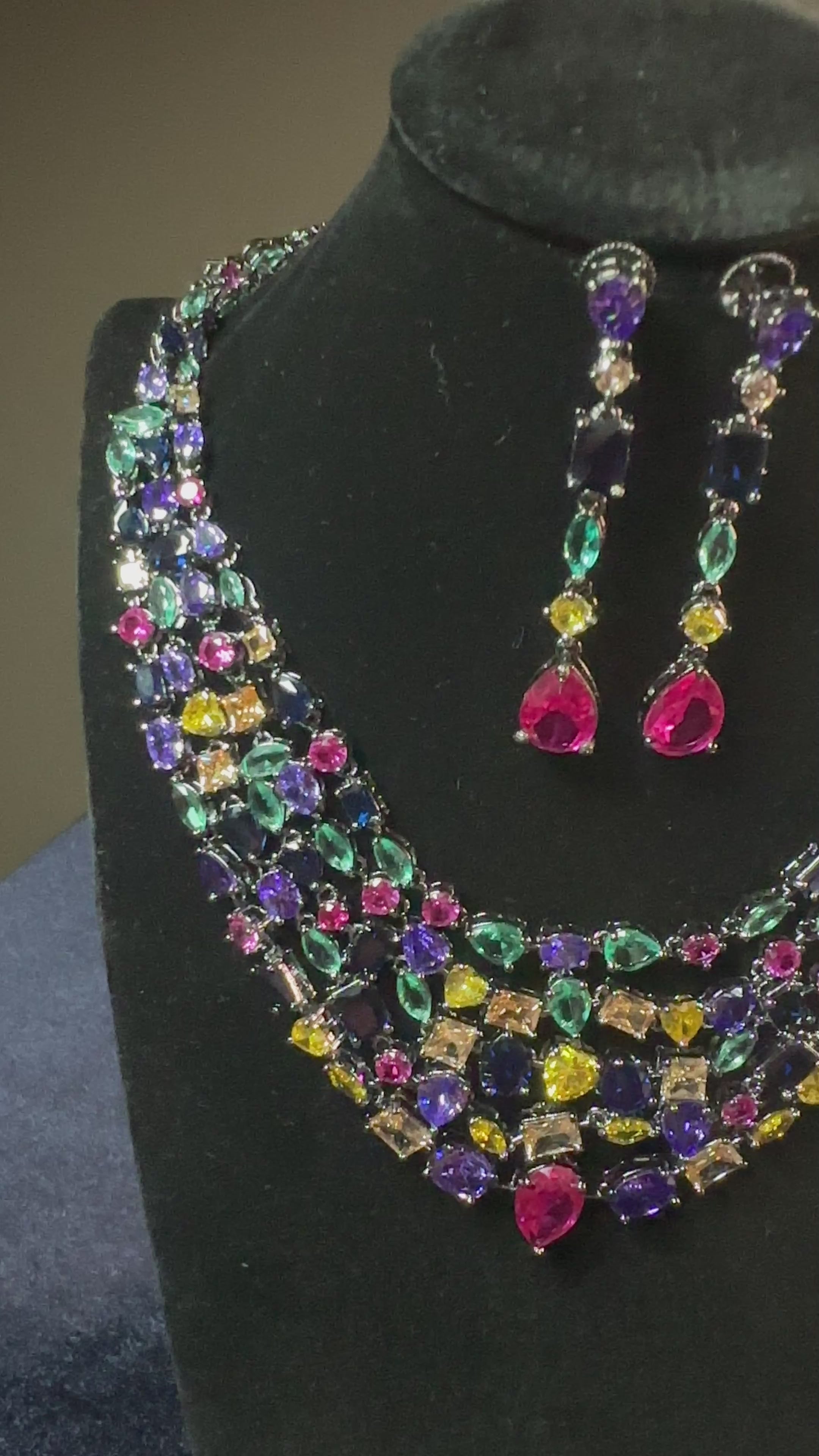 Luxury Multicolor Crystal Statement Necklace Set – Black Rhodium Finish